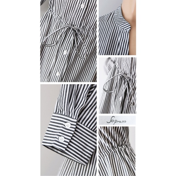 Stripe Cotton Drawstring Crochet Midi Shirt Dress - Picture 6 of 8